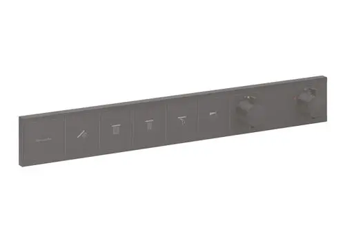 Schwarzes Bedienpanel für Thermostat mit mehreren Steuerungselementen von Hansgrohe, geeignet für die Steuerung von fünf Verbrauchern.